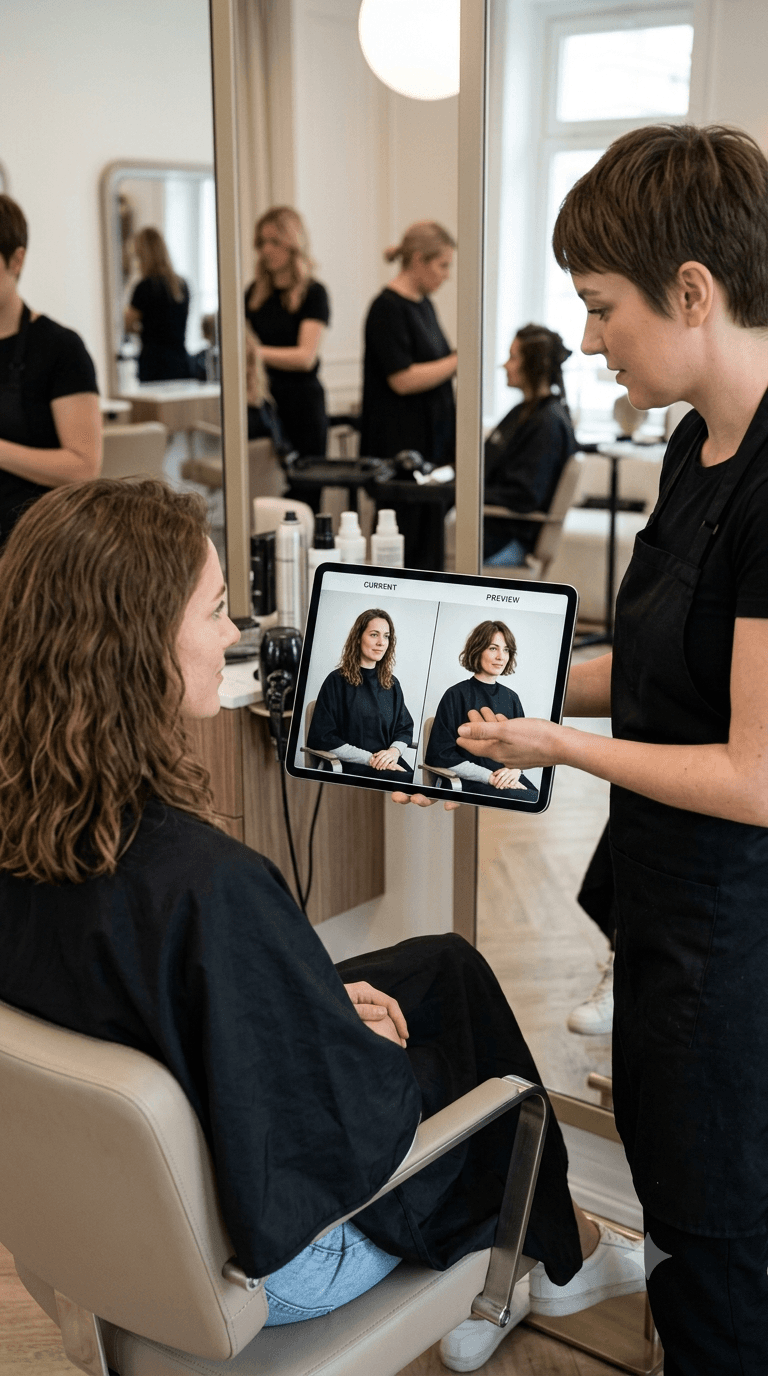 A stylist consulting with a client viewing a hairstyle preview on a tablet